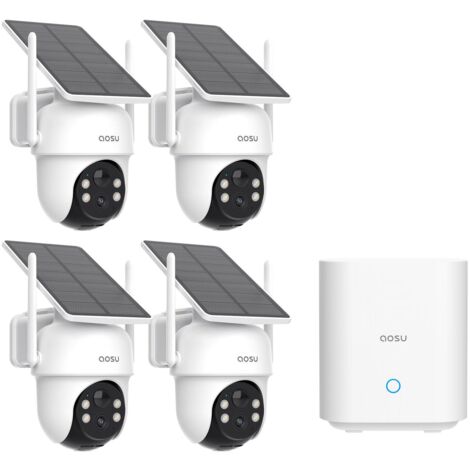 AOSU 2K 3MP Camara de Vigilancia Solar WiFi Exterior, Kit 4 Cámaras con Homebase, Sin Suscripción, Camaras de Vigilancia Sin Cables Panel Solar, 360° PTZ, Seguimiento Automático, Audio Bidireccional