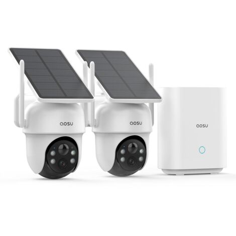AOSU 2K Camara de Vigilancia Solar WiFi Exterior, 2 Kit Cámaras con Homebase, Sin Suscripción, 3MP Camaras de Vigilancia Sin Cables Panel Solar, 360° PTZ, Seguimiento Automático, Audio Bidireccional