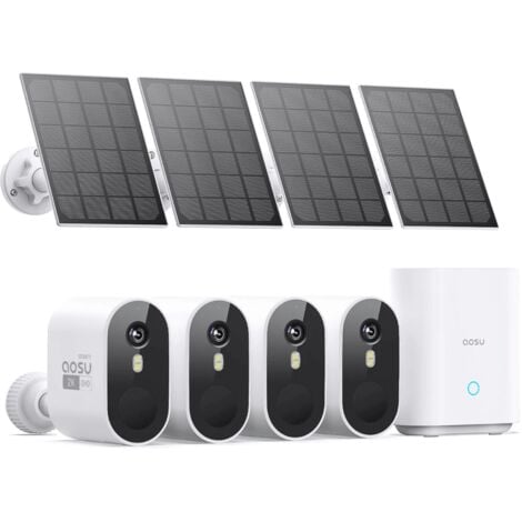 AOSU 2K Camara Vigilancia WiFi Exterior Solar con Homebase,2-4 Kit Camaras de Vigilancia sin Cables con Vista Ultra Ancha de 166°,Sin Tarifa Mensual,Audio Bidireccional,Detección de Movimiento PIR