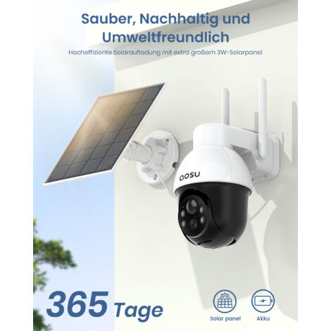 AOSU 2K Solar Überwachungskamera Aussen Akku, Kamera Outdoor mit 360°-Überwachung, Automatischer Personenverfolgung, 10M Farbe Nachtsicht, Licht-und Tonalarm, 2-Wege-Audio, Fernbetrachtung