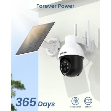 AOSU 2K Telecamera Wi-Fi Esterno Senza Fili a Batteria, 360° PTZ Videocamera Sorveglianza con Pannello Solare, 2.4GHZ & Bluetooth, Visione Notturna a Colori, Allarmi PIR, Rilevazione di Movimento