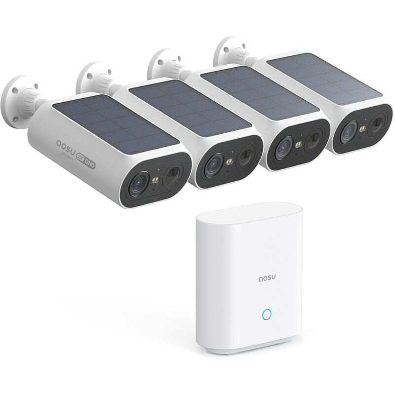 Aosu - 2K Caméra Surveillance Extérieure sans Fil, Base+ 4 Cam, sans Frais Mensuels, 3MP WiFi Solaire Caméra Exterieur à Batterie, Panneau Solaire