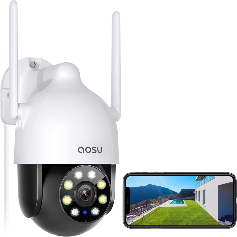 Aosu - 2K caméra Wi-Fi extérieure couleur Vision nocturne, caméra WiFi 3MP 360 ° IP65, détection humaine, suivi Intelligent, 2.4 Ghz