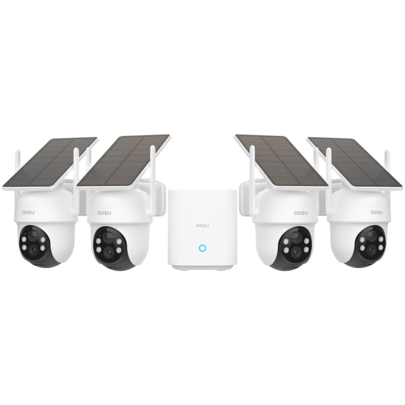 2K Camera Surveillance Exterieure sans Fil, 4 Cam-Kit avec Homebase, Zéro Frais, 360° Panoramique ptz, 3MP WiFi Solaire Caméra Exterieur à Batterie,