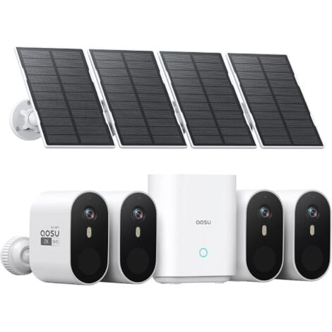 AOSU 2K Telecamera Wifi con Pannello Solare, 4 Kit Telecamera Wi-Fi Esterno Senza Fili, Videocamera con 166° Ultra-Wide View, Permanent Power, Focus Camera, 32G Local Storage, Nessun Canone Mensile [C