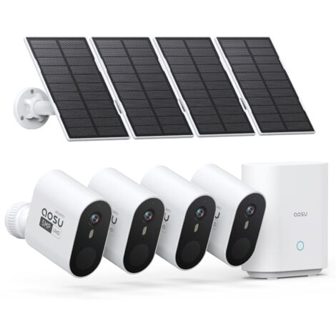 Aosu 3K Camera Surveillance WiFi Exterieure sans Fil Solaire Kit, 5MP Solar Caméra Security Exterieur sur Batteries avec Homebase, 4 Solarcam, Détection Mouvement, Vision Nocturne Couleur
