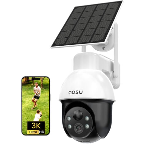AOSU 3K Überwachungskamera Aussen Solar, 5MP 360° Panoramisches PTZ Kabellose Überwachungskamera für den Außenbereich zur Haussicherheit, Automatische Verfolgung, Licht-und Tonalarm, 2-Wege-Audio