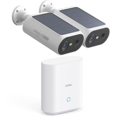 AOSU 3MP Cámara Vigilancia WiFi Exterior Solar con Bateria Homebase y 2 Cámaras, sin Cuotas Mensuales & Panel Solar Integrado con 2.4G/5Ghz WiFi, Visión Nocturna a Color, 32GB Almacenamiento Local