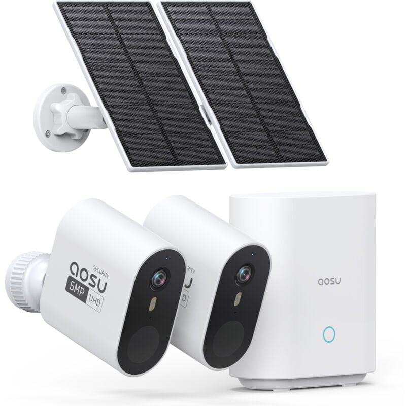Aosu - 3K Camera Surveillance WiFi Exterieure sans Fil Solaire Kit, 5MP Solar Caméra Security Exterieur sur Batteries avec Homebase, 2 Solarcam,