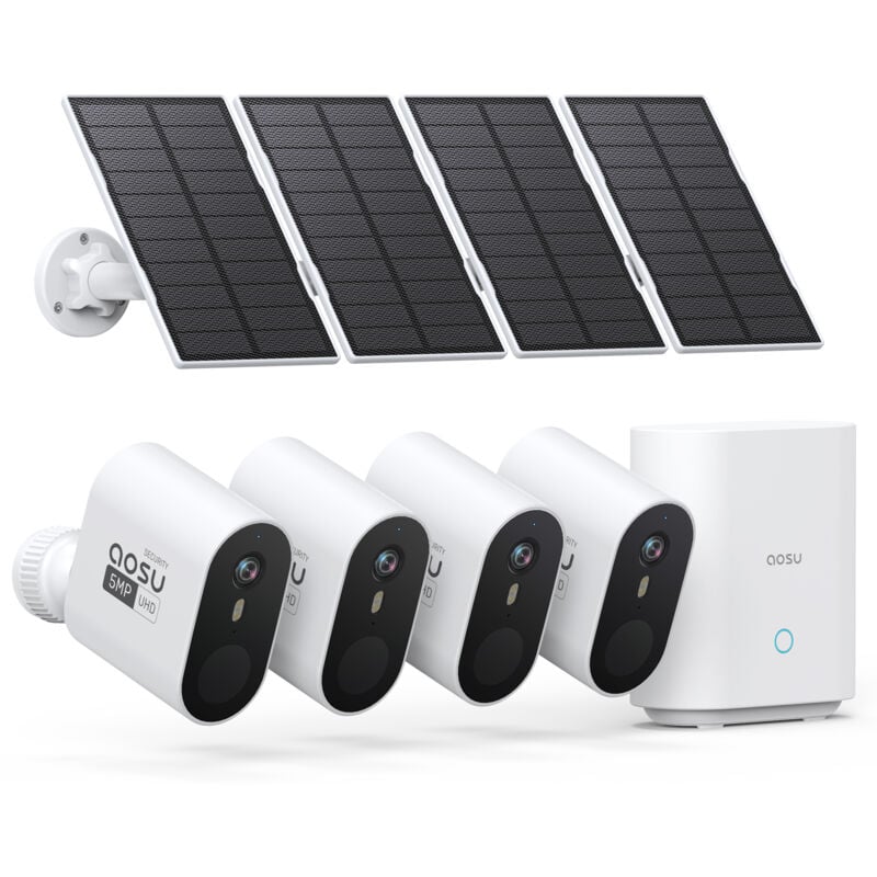 AOSU 3K Camera Surveillance WiFi Exterieure sans Fil Solaire Kit, 5MP Solar Caméra Security Exterieur sur Batteries avec Homebase, 4 Solarcam,