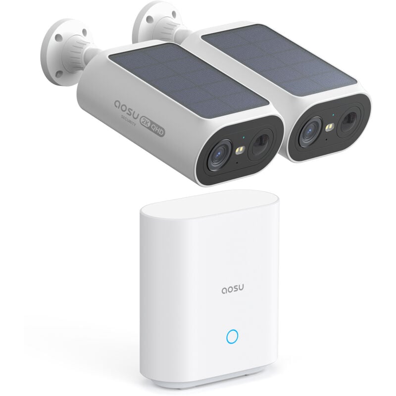 Aosu - 2K Caméra Surveillance Extérieure sans Fil, Base+ 2 Cam, sans Frais Mensuels, 3MP WiFi Solaire Caméra Exterieur à Batterie, Panneau Solaire