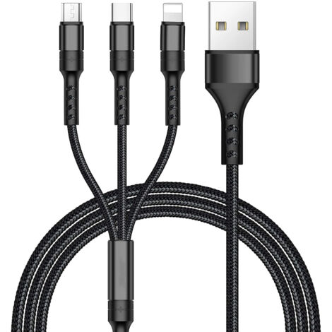 Aougo – Câble multi USB 3 en 1 nylon tressé – Connecteurs Micro USB et Type C – Charge simultanée jusqu'à 5V/2A – Longueur 1.2m (Noir)