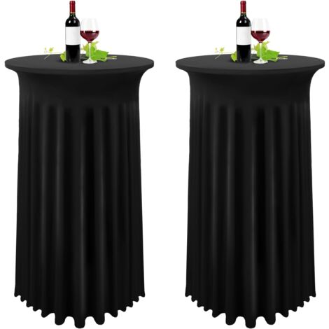 Aougo – Lot de 2 housses de table haute noir – Nappe extensible en élasthanne 80 x 110 cm – Jupe plissée pour tables rondes 81 x 109 cm