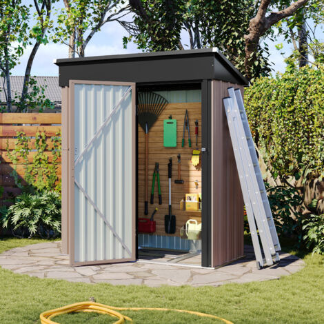 Aoxun Metal Garden Shed, Tool Shed with Lockable Door, Robust and Rust-Resistant Garden Cabinet, Pent Slooping Roof, Storage Cabinet with Base, 5x3ft, Brown