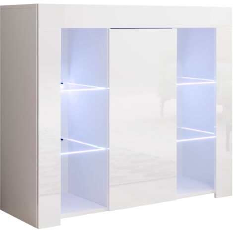 Aparador 1 puerta 2 compartimentos descubiertos con baldas de cristal – Blanco Acabado en Brillo LED – 94 x 83 x 35cm – LILIAN - Blanco