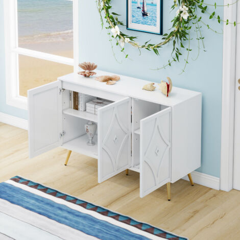 Aparador 120x40x80cm puertas 3D diseño MDF patas metálicas doradas color blanco
