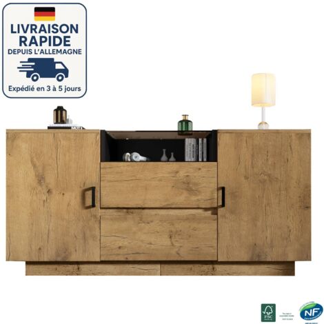 Aparador 140cm - Cómoda efecto roble con 2 cajones + 2 módulos (regulables en altura interior) y compartimentos abiertos - Cristal ESG y tiradores negros
