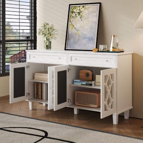 Aparador 140x40x83cm puertas espejo elegante MDF blanco tiradores cristal estantes ajustables