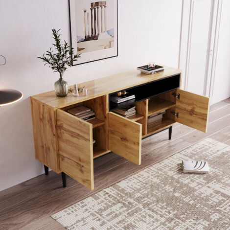 Aparador 160x35x76 cm, Aparador salon con 3 puertas, compartimentos abiertos, estantes regulables, MDF, madera natural