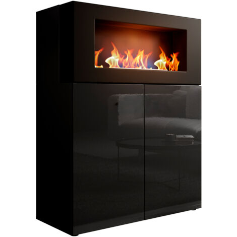 Aparador 2 puertas con chimenea – Negro Acabado en Brillo – 90 x 112 x 40cm – ERIKA - Negro