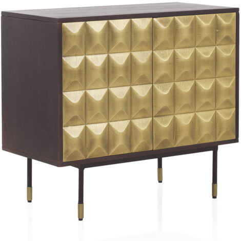 Aparador 2 Puertas Frontal Metal Dorado Madera Maciza De Mango Con Patas Metal En Negro Y Oro