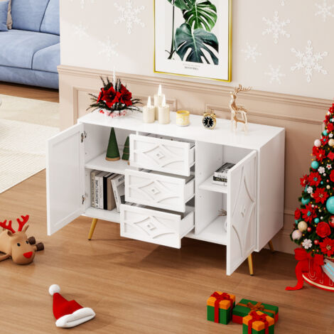 Aparador 3 cajones 2 puertas motivo 3D elegante tablero de partículas 120x40x80cm color blanco