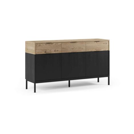 Aparador 3 puertas 3 cajones mod-Lidia acabado roble y negro, 150cm(ancho) 80cm(alto) 40cm(largo)