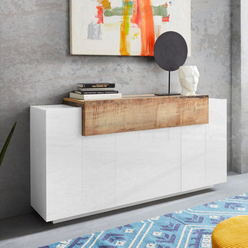 

Aparador moderno de salón con 3 puertas y 1 estante con solapa de diseño madera blanca Corona Side