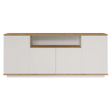 Aparador 4 puertas, 1 nicho abierto en el medio decorado en madera de pino y blanco L180 cm