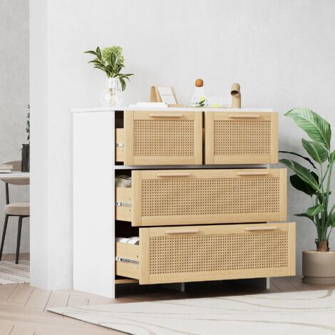Aparador 80x38x80 cm cajones fabricado en ratán con tiradores de madera Ideal color natural+blanco