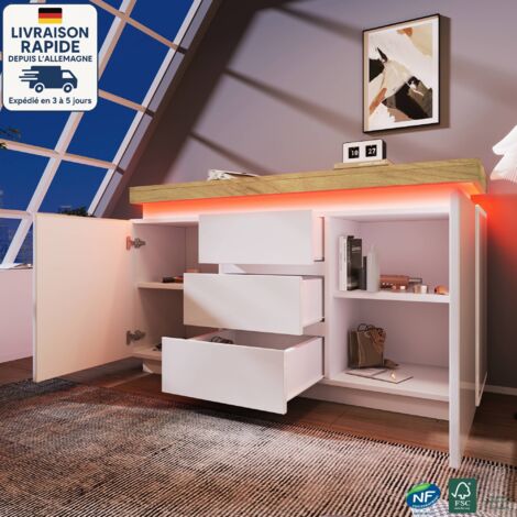 Aparador alto brillo 140x39x81 cm con 2 puertas y 3 cajones de almacenaje, LED, madera y MDF, blanco y natural
