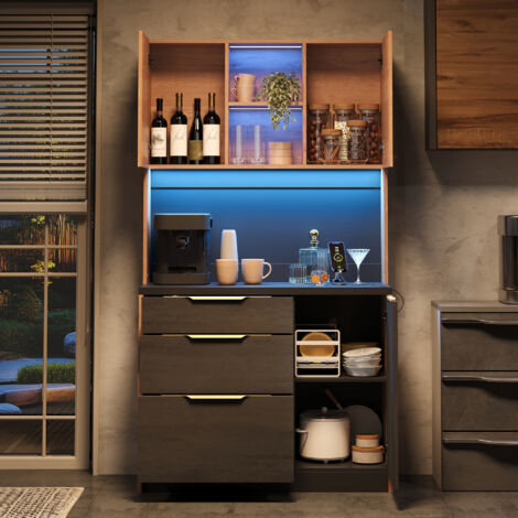 Aparador alto de cocina MDF color neutro 100x40x180 cm con encimera negra, LED regulable y enchufe europeo