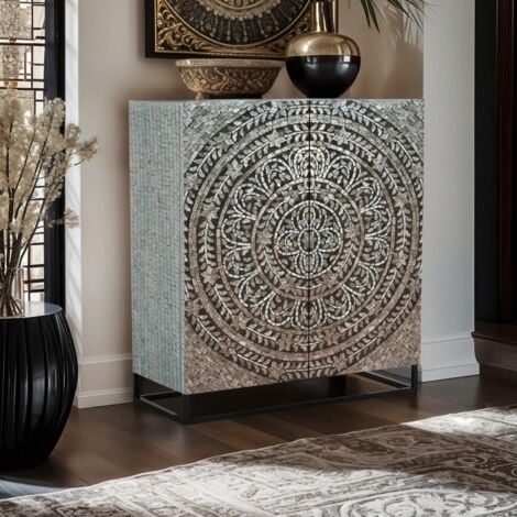 AHD AMAZING HOME DESIGN Aparador alto de salón con 2 puertas con incrustaciones de nácar Nika