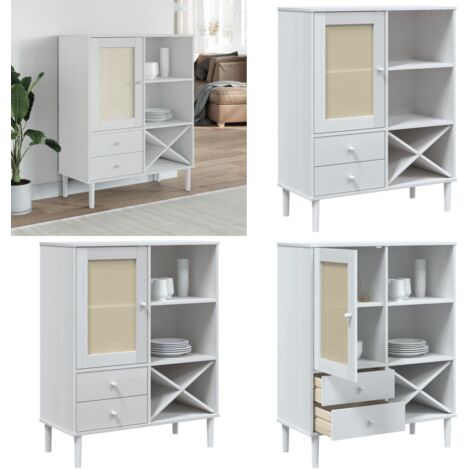 Aparador alto SENJA aspecto de ratán madera blanco 90x40x112 cm - Aparador de madera - Aparador blanco