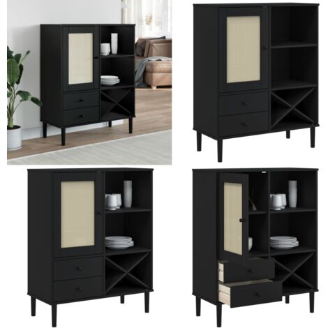 Aparador alto SENJA aspecto de ratán madera negro 90x40x112 cm - Aparador de madera - Aparador de ratán sintético