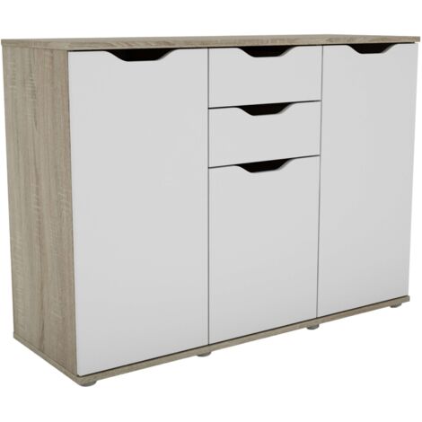 Aparador, Armario de Almacenaje 3 Puertas 2 Cajones Salón Parc Moderno Roble Sonoma y Blanco Mate 108x79x38 cm