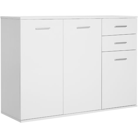 HOMCOM Aparador armario de cocina con 2 puertas buffet de salón con 2 cajones estante ajustable estilo moderno para comedor 106x35x76cm blanco brillante