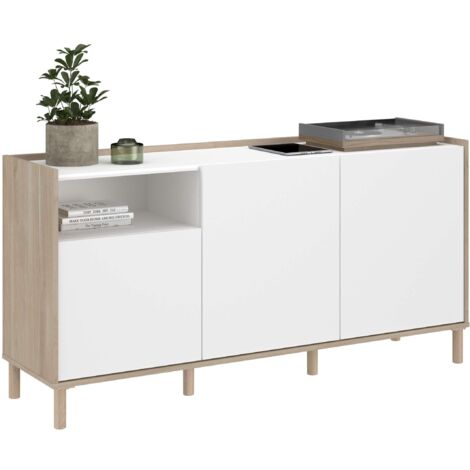 Aparador Azzaro Salón Comedor Estilo Nórdico en Color Roble Japonés y Blanco  con 3 Puertas y 1 Hueco Abierto 150x75x40 cm