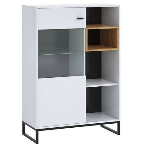 Aparador Baltesi 107, Blanco + Roble Artisan, 130x90cm, Número de puertas: 040cm, Vidrio templado, Aglomerado laminado