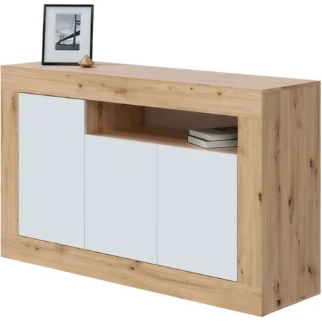 Aparador Baltik con 3 puertas y hueco en color Roble nodi y Blanco Artik Estilo nórdico87x144x42 cm