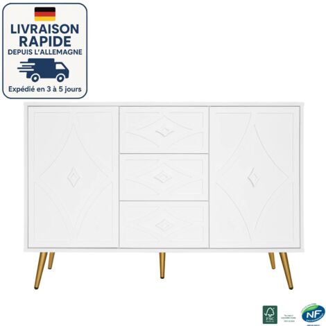 Aparador blanco - 120cm - Elegante cómoda con diseño de rombos - 3 cajones y 2 puertas, patas doradas