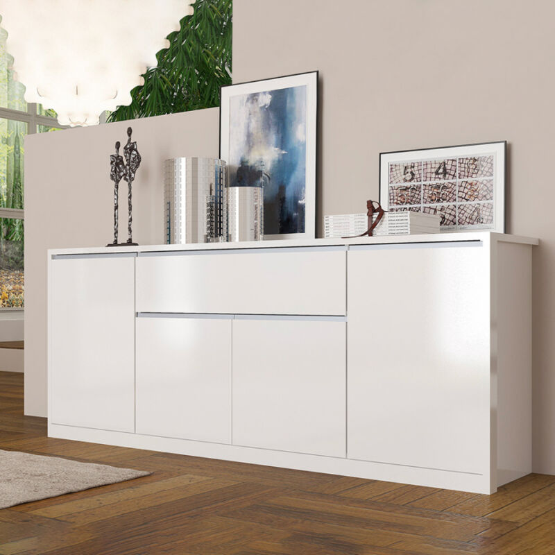 

Aparador blanco brillo 210cm 4 puertas entrada comedor con cajón Mito