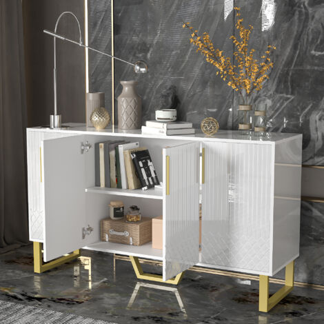 Aparador blanco de 4 puertas, mueble de cocina, tiradores y patas metálicas, MDF, 140×40×80 cm