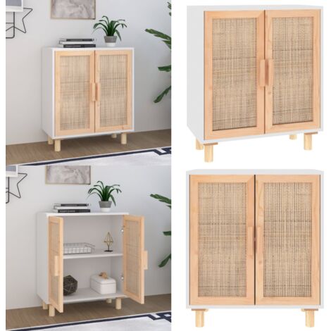 Aparador blanco madera pino maciza y ratán natural 60x30x70 cm - Aparador blanco - Madera maciza