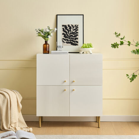 Aparador blanco MDF, asas zinc y pies acero, mueble elegante para salón y dormitorio