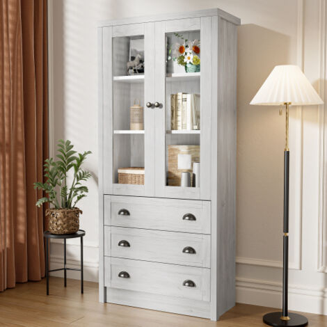 Aparador blanco, mueble efecto madera con puertas de cristal, 3 cajones y tiradores de cobre, para salón, despacho y recibidor, 80x34x171 cm