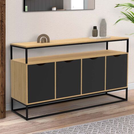 Aparador BOSTON 140 cm, 4 puertas negras, diseño industrial