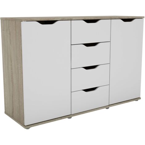 Aparador, Buffet Moderno, Armario Auxiliar 2 Puertas, 4 Cajones Salón Parc Roble Sonoma y Blanco Mate 120x79x38 cm