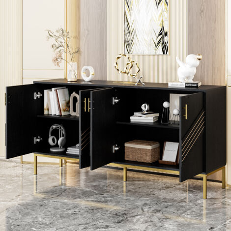 Aparador con 4 Puertas y 2 Estantes Regulables, Diseño Geométrico, en MDF, Negro y Efecto Madera, 160×40×80,5 cm
