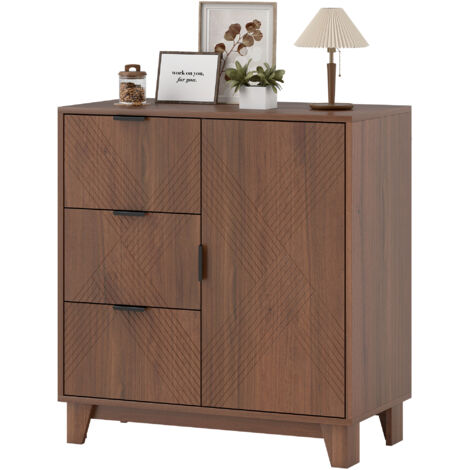 Aparador con armario, 3 cajones y estante ajustable, 75×39×80 cm, Madera marrón